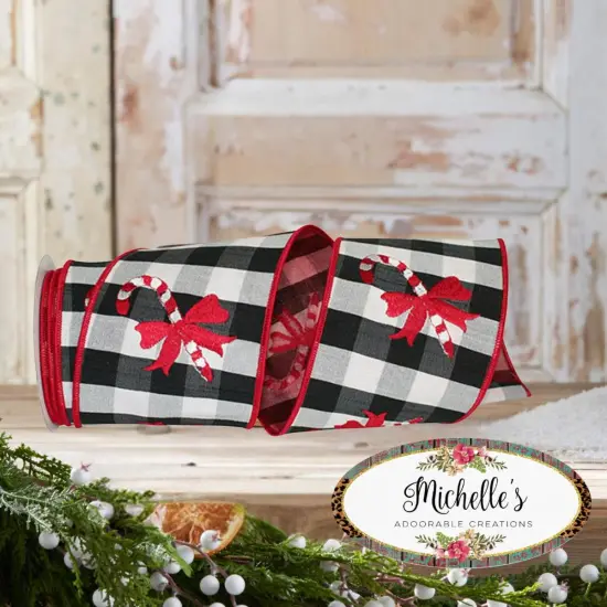 4" Candy Cane Check Embroidery Ribbon: Black & White (5 Yards) {2}