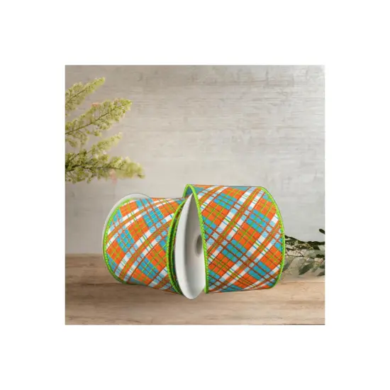 2.5" White Satin Busy Plaid Ribbon: Teal, Lime and Orange (10 Yards) {3}