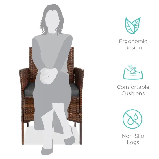 Best Choice Products 3-Piece Outdoor Wicker Conversation Patio Bistro Set, w/ 2 Chairs, Table Brown/Stone Gray {2}