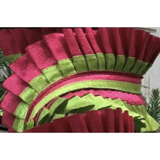 4" Metallic Dupion Pleated Ruffle Ribbon: Lime/Hot Pink (5 Yards) {2}