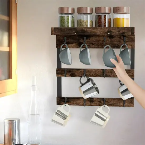 12 Hooks Wood Wall Mounted Coffee Mug Rack Storage Shelf for Kitchen Cafe Office {4}