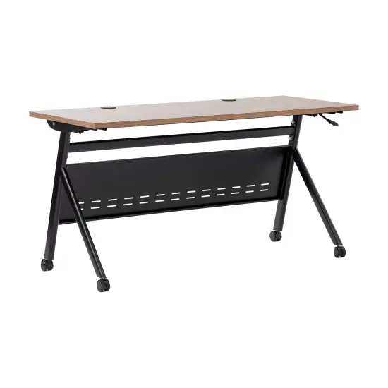 Emma and Oliver Griffin Heavy-Duty Flip Top Training Table with Nesting Design, Privacy Panel, Y-Legs, Tabletop, Metal Frame WalnutTop/BlackFrame {2}