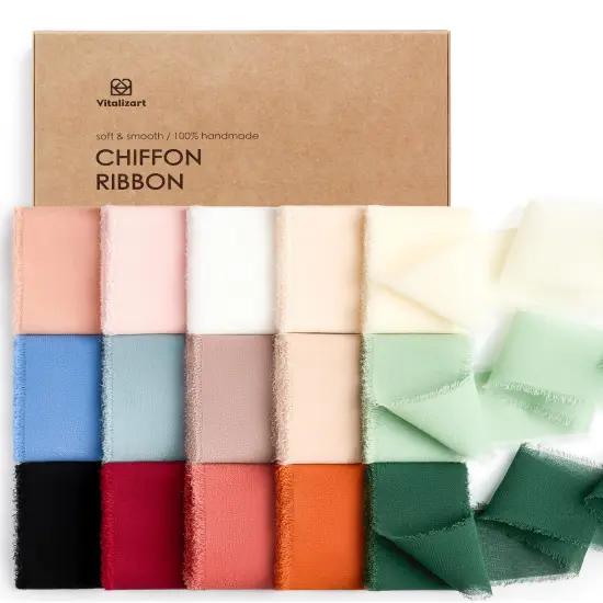 15 Rolls Chiffon Silk Ribbon Handmade Frayed Fringe 1 1/2 Inch Eco-Friendly for Christmas Gift Wrapping Wedding Invitations Bridal Bouquets Bows 30 Yards in total {2}