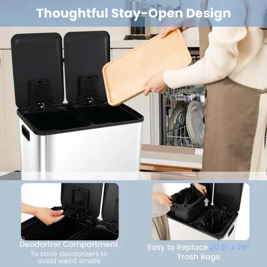 Costway 16 Gallon Dual Step Trash Can Recycle Bin Stainless Steel Bucket Pedal Silver/Black/White {6}