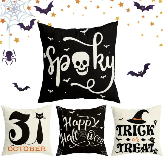 4 Pieces Halloween Decorations Pillow Covers 18x18 inc for Halloween Decor Indoor Outdoor, Party Supplies Farmhouse Home Decor Throw Pillows Cover Spider Web Cat Skull Decorative Cushion Case {4}