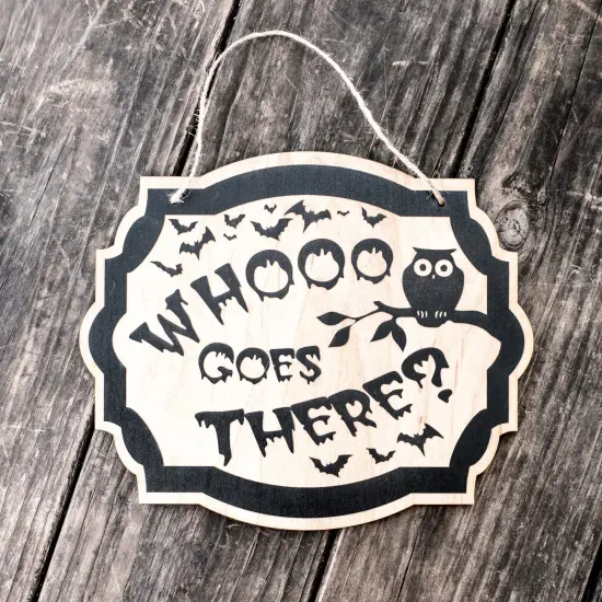 Whooo Goes There Owl - Black Halloween Door Sign 10x8 {3}