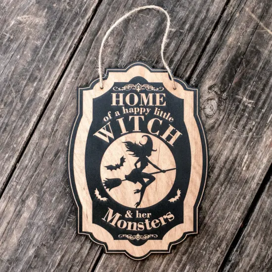 Home of a Happy Little Witch - Black Halloween Door Sign 7x9 {2}
