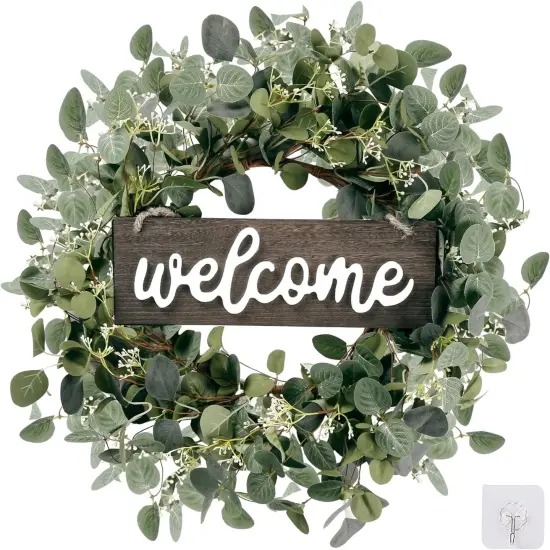 20-inch Green Eucalyptus Wreath with "Welcome" Sign &ndash; Front Door Decor {1}