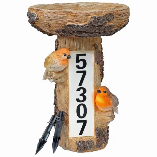 Staked Country Tree Stump Bird Bath with Solar Address Plate {1}