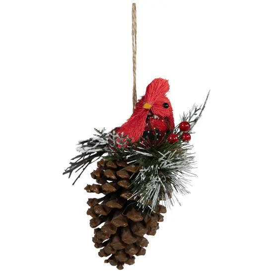 Northlight Woodland Cardinal Bird Perched on a Pinecone Frosted Christmas Ornament - 6.75" Red {5}