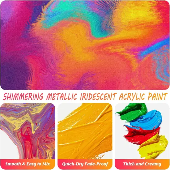 Iridescent Acrylic Paint Set with 12 Brushes, 24 Colors (59ml, 2oz), for Artists, Kids, Beginners {4}