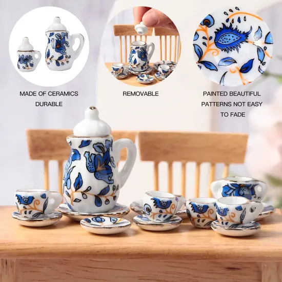 2 Set 1:12 Dollhouse Miniature Porcelain Tea Cup 30 Pieces Mini Flowers Pattern with Golden Trim Teapot Cup Plate Dollhouse Kitchen Accessories (Charming Style) {6}