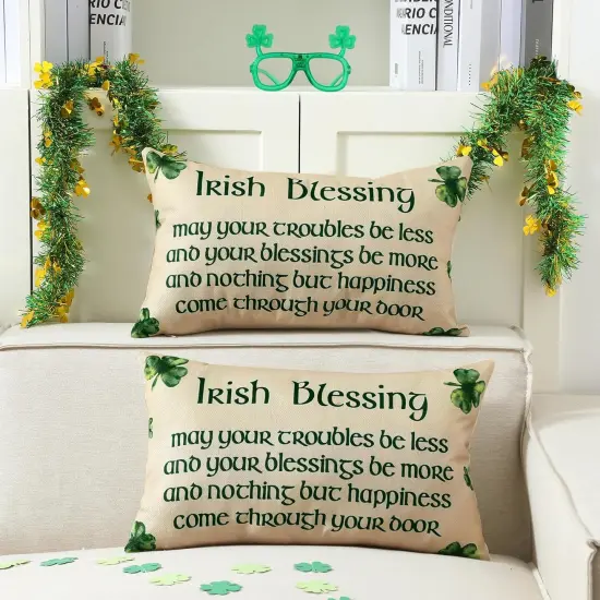 2 Pcs St. Patrick's Day Irish Blessing Pillow Covers Green Clover Quote Decorative Throw Pillow Cover Case Linen {3}
