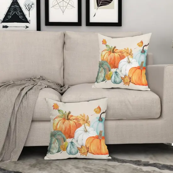 Set of 2- Fall Pillow Covers 18x18,Watercolor Pumpkin Maple Leaf Throw {5}