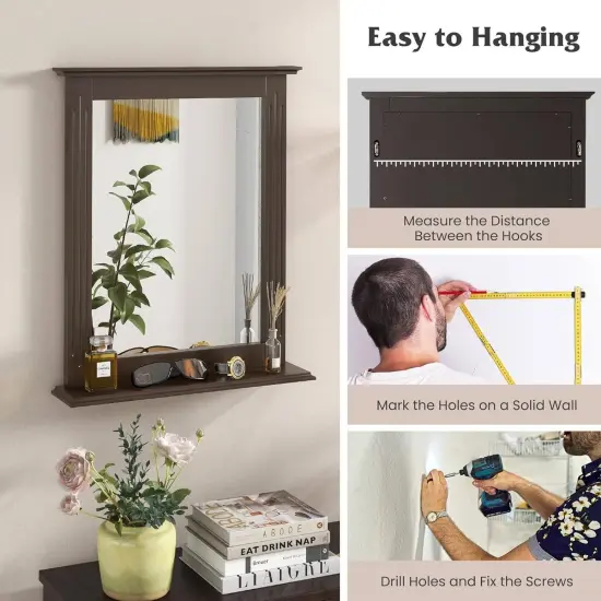 Rectangular MDF Bathroom Wall Mirror with Shelf and Adjustable Frame Wood Finish for Small Spaces Dark Brown {3}
