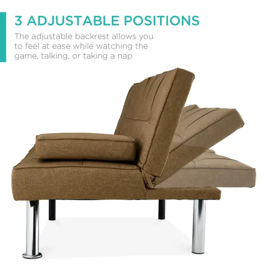 Best Choice Products Modern Linen Convertible Futon Sofa Bed w/ Removable Armrests, Metal Legs, Cupholders Brown {2}