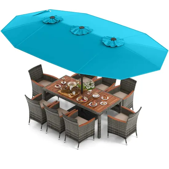 Costway 10 Pieces Patio Wicker Dining Set with Double-Sided Patio Umbrella 8 Armchairs Grey/Red/Orange/Turquoise/Beige/Coffee {9}