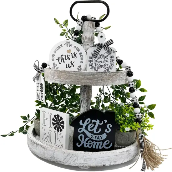 2 Tiered Tray Stand for Home Decor, Wooden Serving Tiered Tray for Coffee Bar Table Centerpiece, Decorative Trays Kit {2}