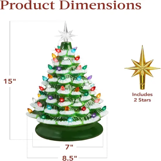 15in Ceramic Christmas Tree Pre-Lit Tabletop Holiday Tree with Star Topper and Multicolored Bulbs Frosted W {6}