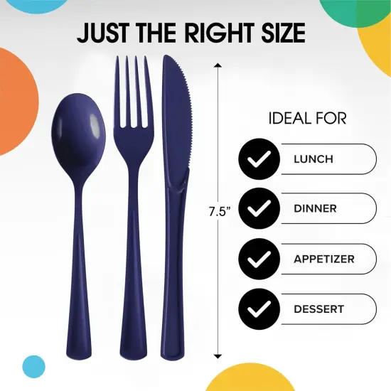 Exquisite Polished Plastic Silverware &ndash; 150 Pcs Heavy Duty Cutlery Set &ndash; 50 Each of Forks, Knives & Spoons &ndash; Disposable Utensil Set for Parties, Events & Catering &ndash; Flatware Set by Party Solids Navy {2}
