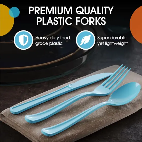 Exquisite Polished Plastic Silverware &ndash; 150 Pcs Heavy Duty Cutlery Set &ndash; 50 Each of Forks, Knives & Spoons &ndash; Disposable Utensil Set for Parties, Events & Catering &ndash; Flatware Set by Party Solids Light Blue {4}