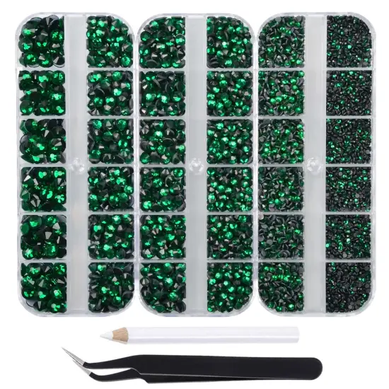 7000pcs+ Flatback Glass Hotfix Iron On Rhinestones Crystal for DIY Making with 1 Tweezer & 1 Picking Pen for Shoes, Clothes, Face Art, Bags, Manicure (Emerald, 5-Sizes) {1}