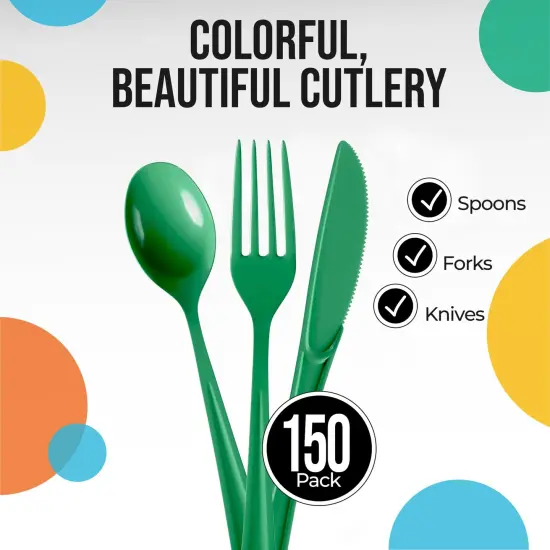 Exquisite Polished Plastic Silverware &ndash; 150 Pcs Heavy Duty Cutlery Set &ndash; 50 Each of Forks, Knives & Spoons &ndash; Disposable Utensil Set for Parties, Events & Catering &ndash; Flatware Set by Party Solids Emerald {2}