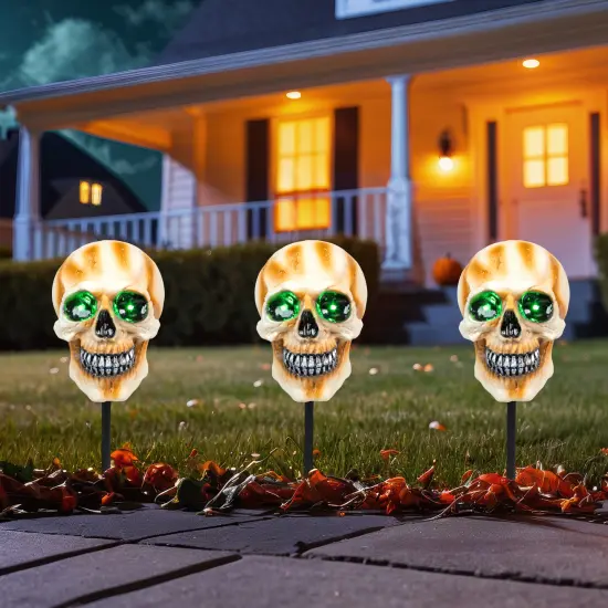 Northlight LED Lighted Skeleton Head Halloween Outdoor Pathway Markers with Sound - 15" - Set of 3 White {1}
