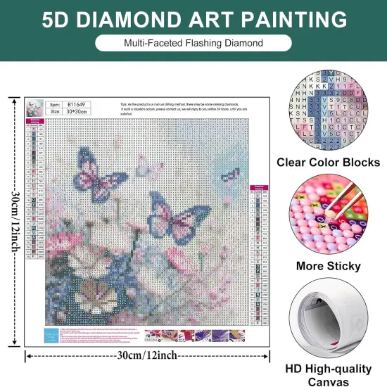 Butterfly Diamond Art Kits for Adults Beginners, Flower Diamond Painting Kits for Adults, DIY 5D Butterfly Flower Gem Art, Pink Flower Butterfly Diamond Dots for Adults for Gift Home Decor 12x12 inch {4}