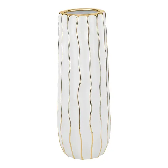 White Porcelain Tall Vase with Gold Wavy Design By Kinor Decor {2}
