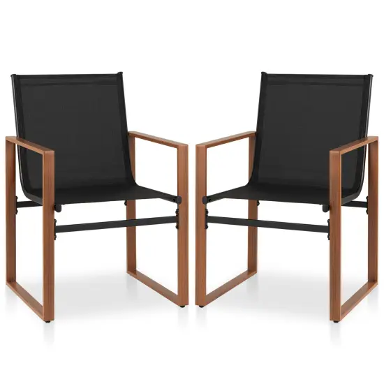 Fabric Patio Dining Chairs Set of 2 with Metal Frame, Ergonomic Design and Adjustable Foot Pads Black {8}