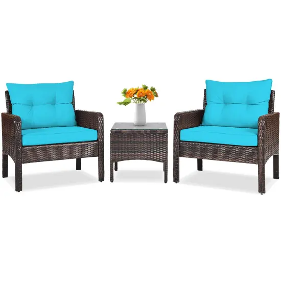 3 Pieces Outdoor Patio Rattan Conversation Set with Seat Cushions Black {10}