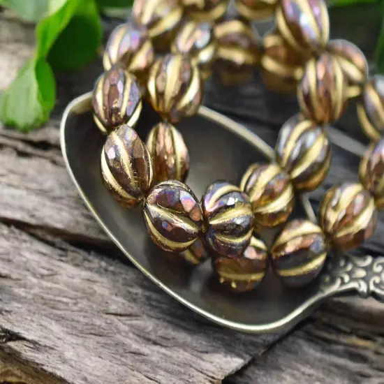 *12* 10mm Gold Washed Root Beer Topaz AB Faceted Round Melon Beads {1}