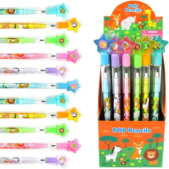 TINYMILLS 24 Pcs Safari Jungle Animals Stackable Push Pencil Assortment with Eraser for Party Favors Goodie Bag Stuffers VBS Classroom Rewards Pinata Fillers Carnival Prize {1}