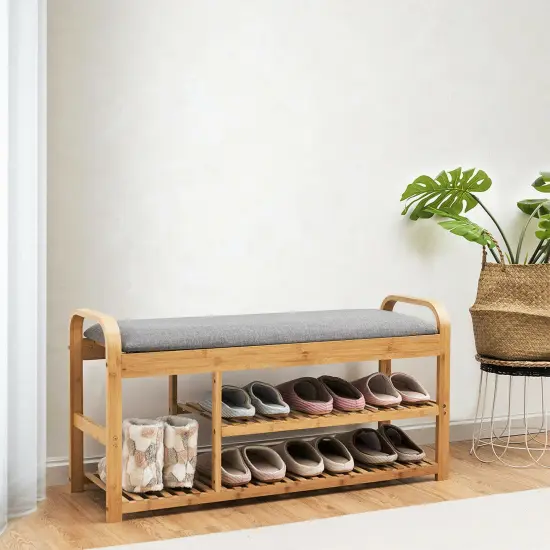 Costway Shoe Rack Entryway 3-Tier Bamboo Shoe Bench Organizer W/Cushion Modern Stool {2}