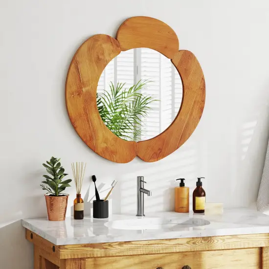 Costway Irregular Wall Mirror 29 Inch Rustic Hanging Vanity Mirror with Teak Wood Frame {2}