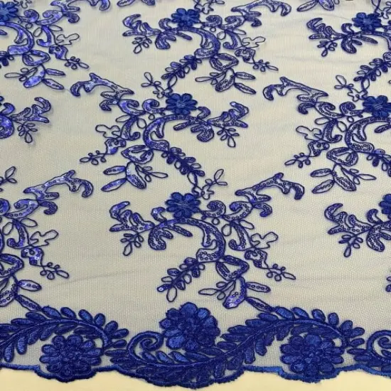 1 Yard Royal Blue Sequin Lace Fabric, Corded Mesh Embroidered with Double Scalloped Edge 54&Prime; Wide {4}