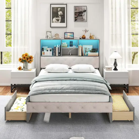 Costway Full Size Bed Frame with Bookcase Headboard Storage Bed with LED Lights Gray {6}