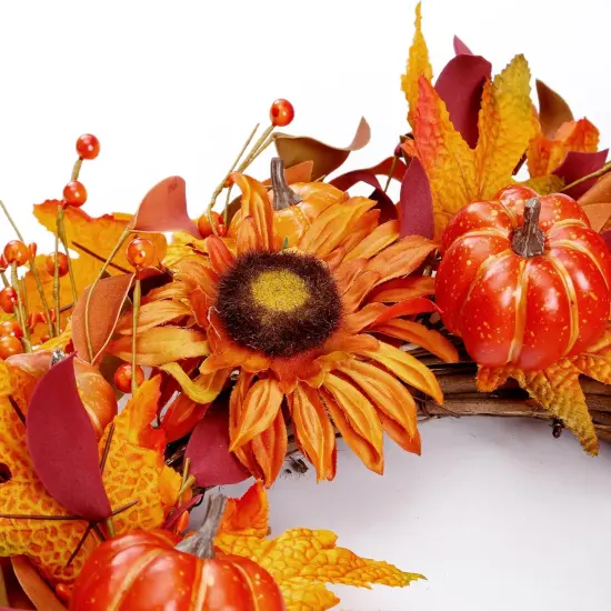 Autumn Wreath with Pumpkin Sunflower Berry Maple Leaves {5}