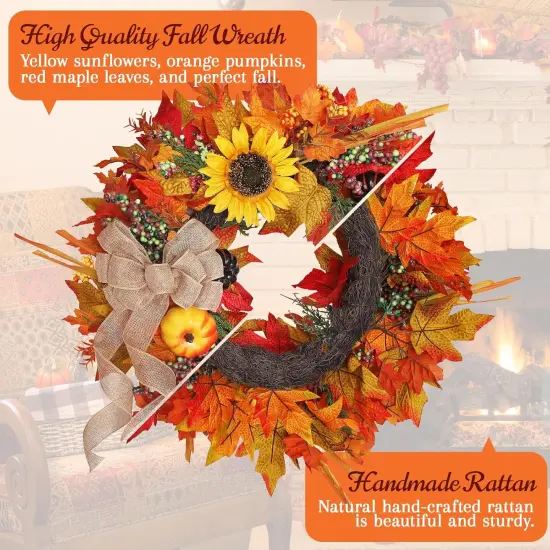 Fall Sunflower Wreaths with Pumpkins Maple Leaves Bows {2}