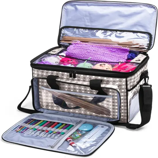 Knitting Bag Yarn Organizer with Cover & Divider &ndash; Black Tote for Crochet Hooks, Needles & Projects {1}