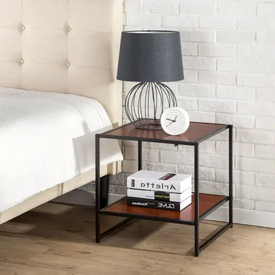 Square Steel Frame Nightstand Side Table with Storage Shelf in Brown {2}