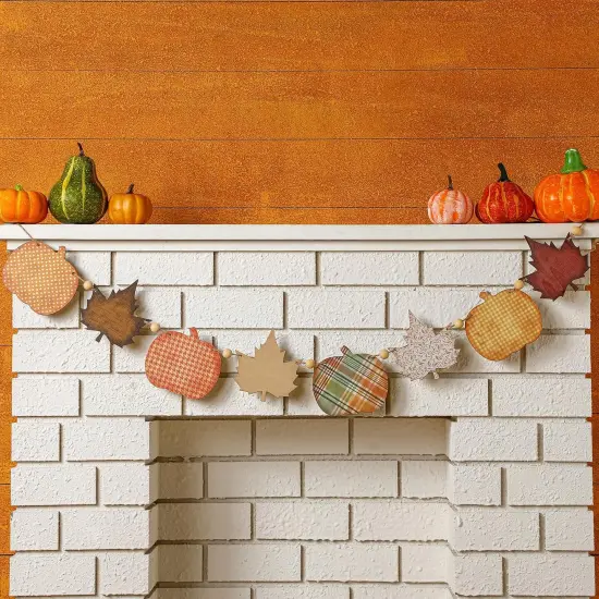 Wooden Pumpkin Garland Maple Leaf Garland - Orange {1}