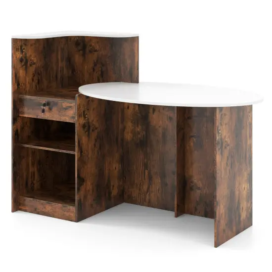 Rustic Brown Modern Reception Desk Front Counter Desk with Oval Tabletop and Lockable Storage Drawer {1}