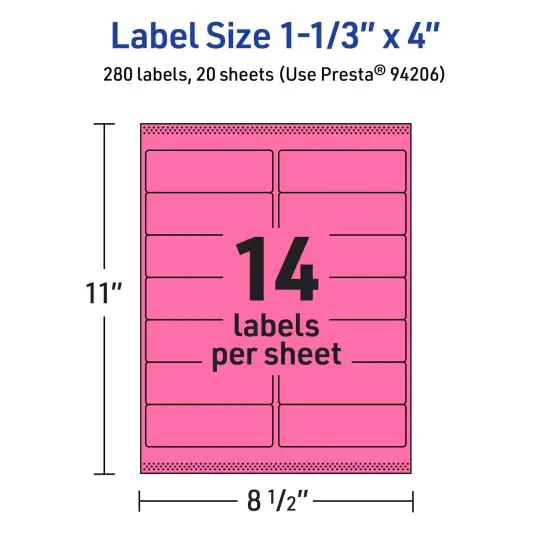 Avery Bright Pink Paper Labels, 1-1/3" x 4" Rectangle {5}