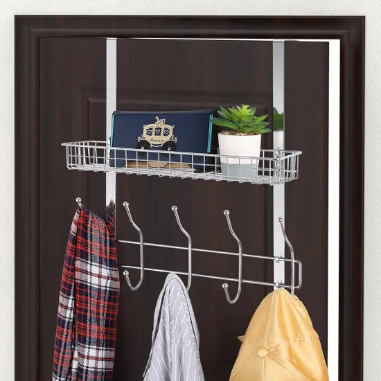 Over The Door Shelf Organizer Storage Basket Rack with 5 Hooks for Coats, Towels, and Accessories {3}