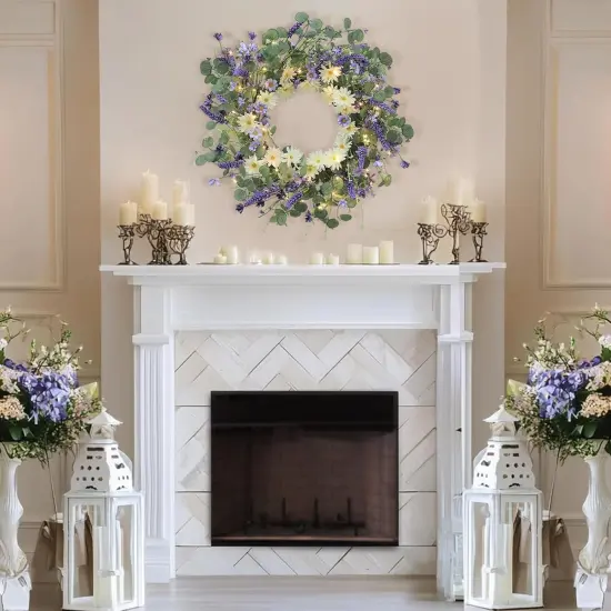 Spring Wreaths for Front Door with Lights Timer, Handmade Floral Wreath with Lavender, Daisy & Eucalyptu {2}