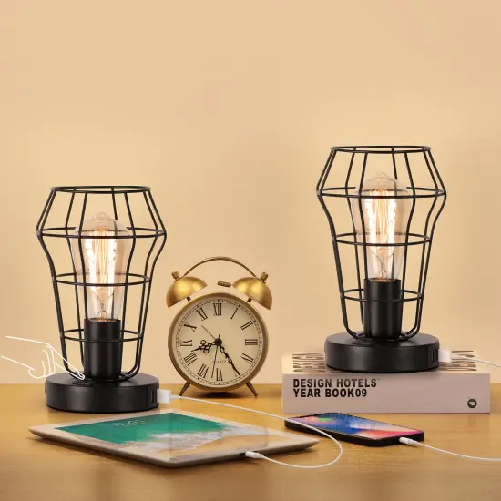 2PCS Industrial Cage Desk Lamps Vintage Table Lamps with Dual USB Ports & AC Outlet, UL-Certified Steampunk Bedside Lights for Office, Bedroom, or Gift {1}