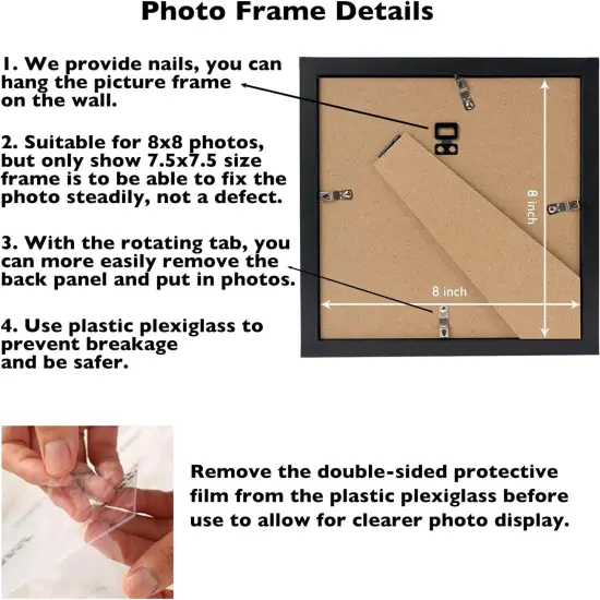 8x8 Picture Frame Set of 4 Black for Wall Hanging or Tabletop, Wall Mounting Horizontally or Vertically, 8 x 8 Square Wall Gallery Poster Photo Frame with Shatter Resistant Plexiglass, 4 Pack, Black {4}