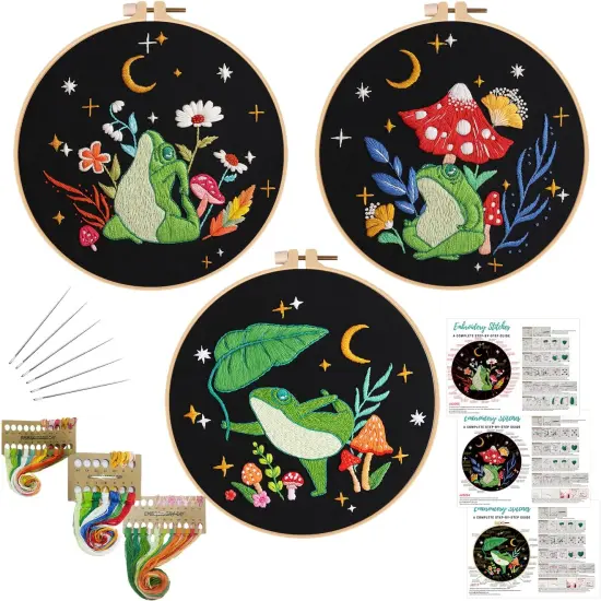 3 Sets Frog Embroidery Kits for Beginners,Cross Stitch Kit for Adults,Crewel Starters Needlepoint with Embroidery Hoop,Threads and Instruction {1}